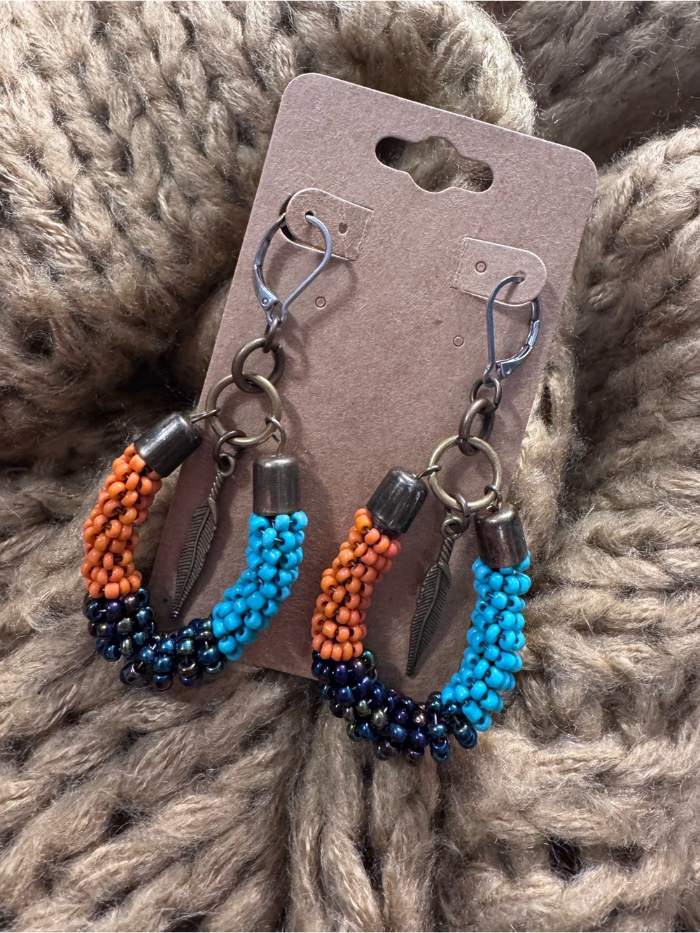 Handmade Beaded Hoop Earrings with Feather Charm - Turquoise Blue & Orange